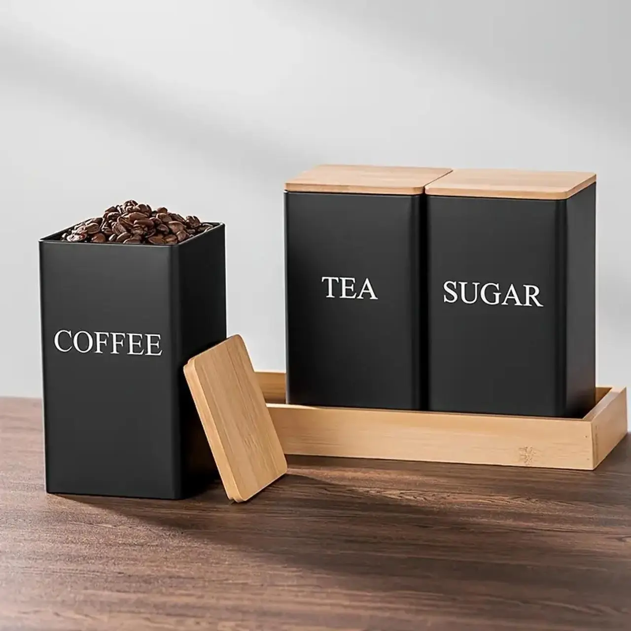 3pcs Metal Storage Canister Set, minimalist kitchen storage jars for coffee beans sugar and tea, airtight metal containers for keeping food fresh and organized, home kitchen countertop storage essentials