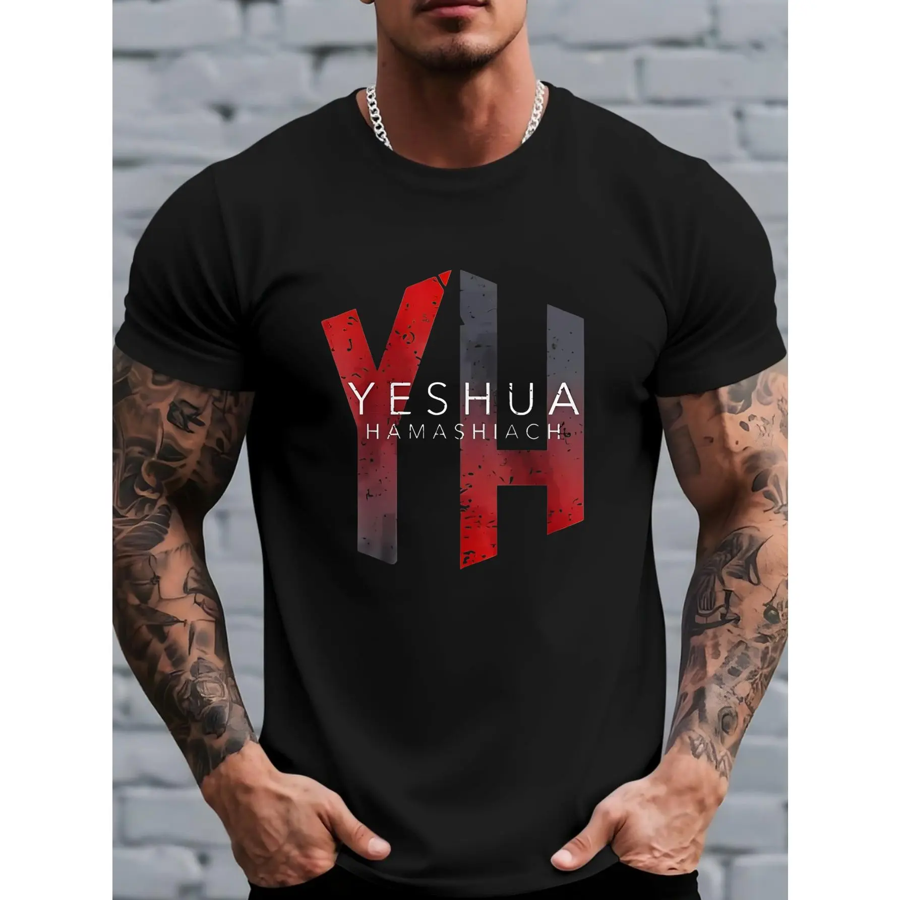 [Religious Apparel T-Shirt] Messiah Men's T-Shirt with YH Hebrew Letter Print - H-Shape Short Sleeve Crew Neck Casual Shirt for Training And Everyday Wear - Machine Washable Four Seasons Comfortable Religious Apparel Daily Top Men's Pattern T-Shirt Summer