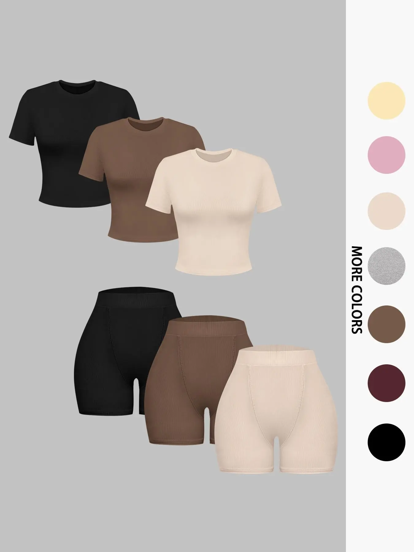 Women Multi-Color 3-Piece Ribbed Knit Slimming Outfit Basic Crew Neck Cropped T-Shirt Top & High Waist Butt-Lifting Biker Shorts Ultra Soft Stretchy Fabric Minimalist Fitted Y2K Style Ideal For Daily Life Sports Cycling & Casual Wear
