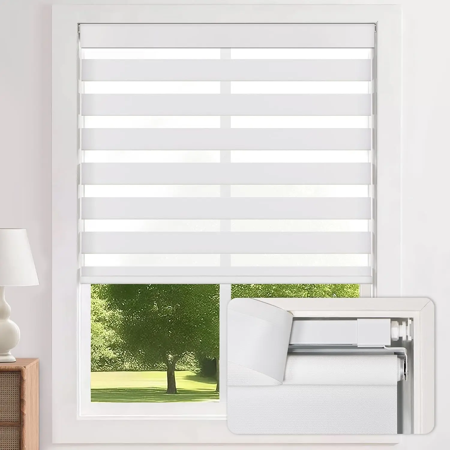 No Drill Zebra Blinds for Windows 34.5" W x 72" H, White | Cordless Dual Layer Light Filtering & Blackout Roller Shades, Free Stop-Lift, Easy Install Day & Night Privacy with Valance