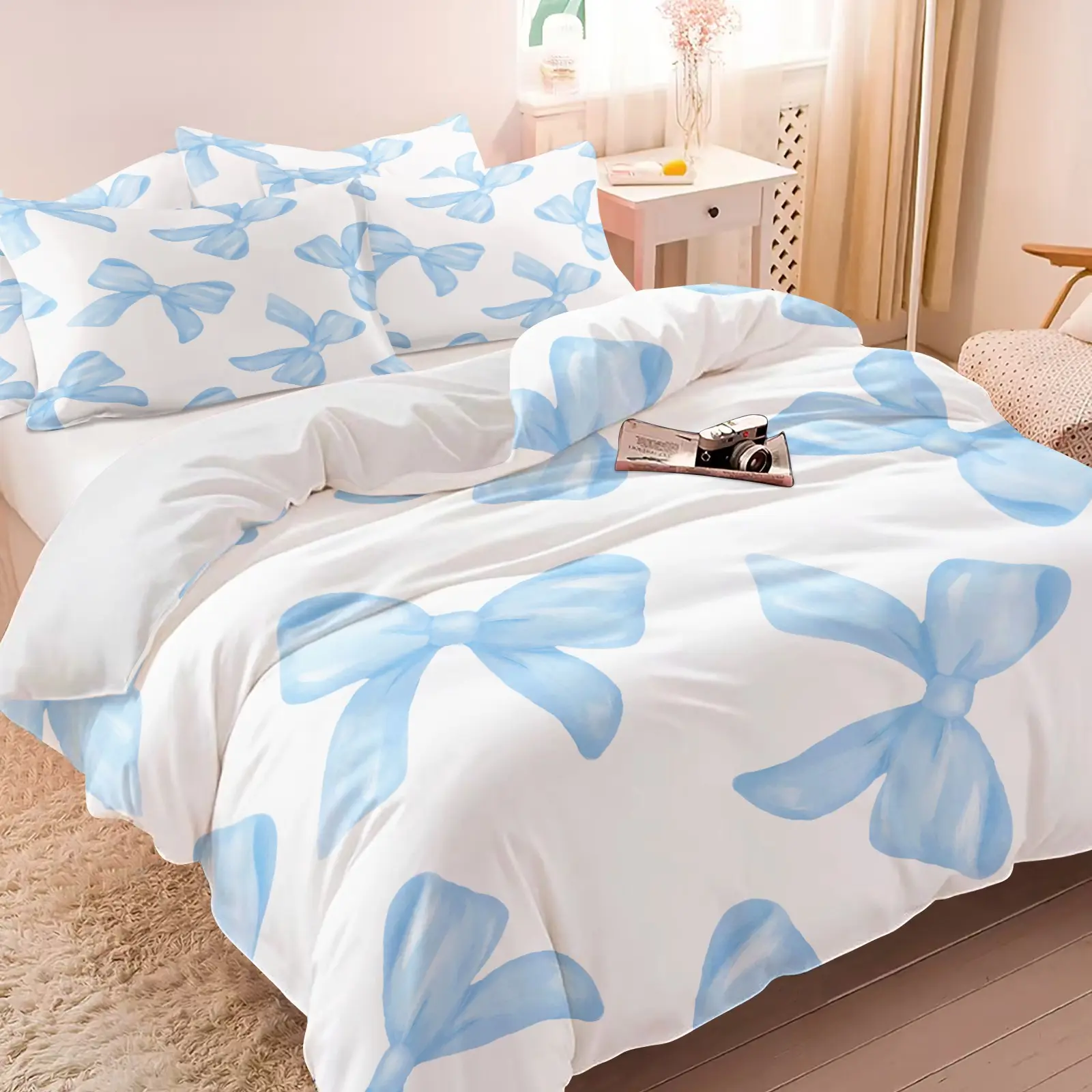Pastoral Fresh Watercolor Light Blue Bow Duvet Cover Set & 1-2 Coreless Pillowcases, Wrinkle Resistant Skin Friendly Breathable Fabric, Soft Cozy Bedding Set, Sweet Kawaii Macaron Gentle Pastoral Style Girls Bedroom Decor