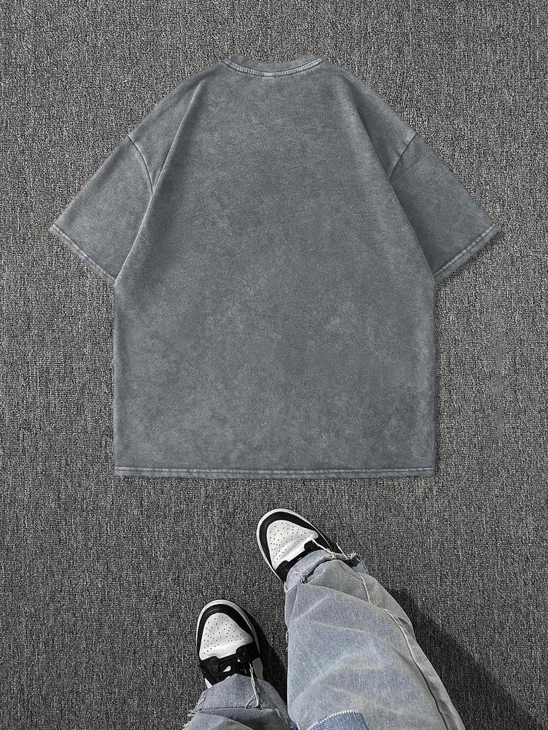 Men's Cartoon Astronaut & Letter Print Short Sleeve T-Shirt, Regular Fit Casual Retro Round Neck Tee for Summer, Men's Top for Daily Wear, Cotton