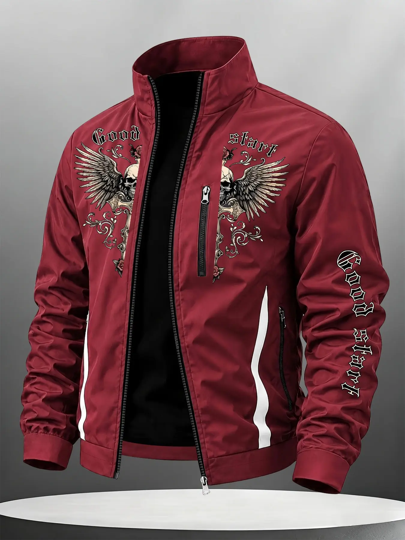 Men's Skull Wings Retro Print Jacket, Loose-Fitting Trendy Outerwear with Zipper Design, Casual Geometric Pattern, Outdoor Sports Essential