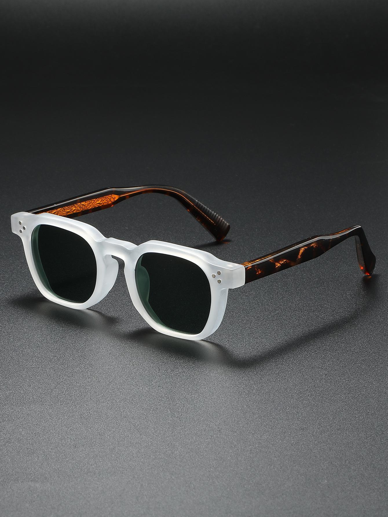Vintage Square - Frame Sunglasses: Transparent Gray Acetate Frame, Tortoise - Patterned & Engraved Temples, Black Lenses