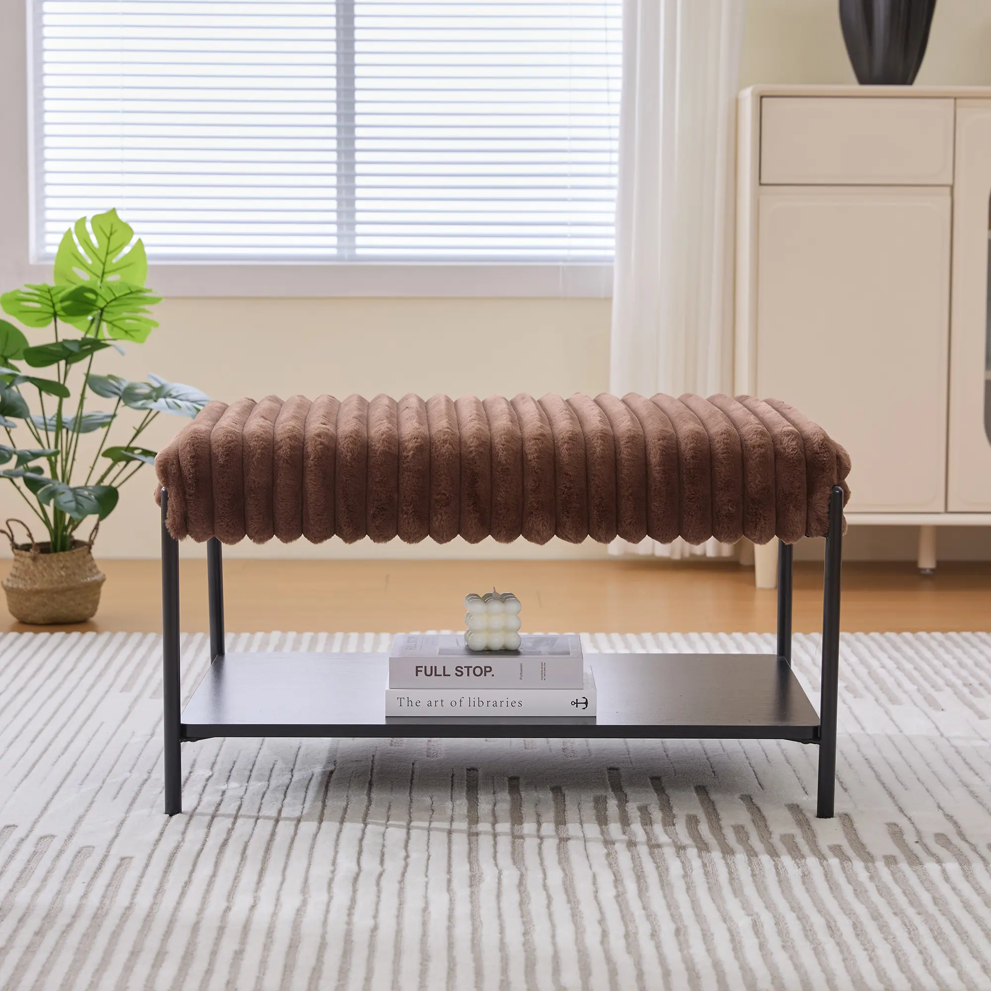 ARCH 30.7" Wide Upholstered Ottoman Coffee Table Foot Rest with Storage Shelf, soft plush Footstool with Black Metal Legs, Soft Foot Stool for Living Room Bedroom Entryway Hotel, Brown, Brown Color Options, soft plush Material, Product Dimensions: Not