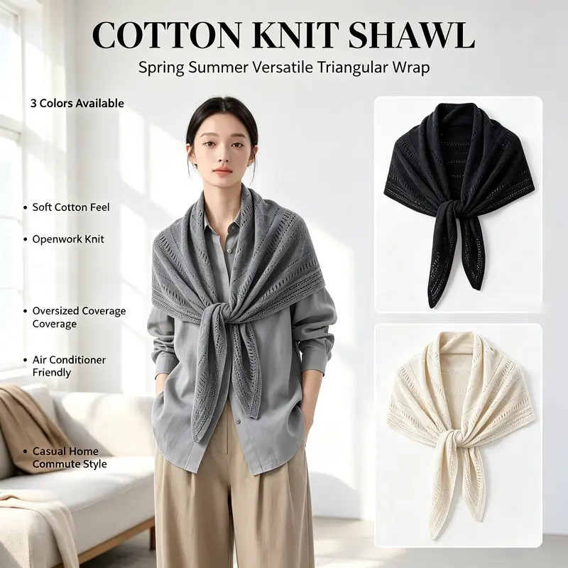 Women's Cotton Knit Triangle Shawl, Hollow‑Out Jacquard Irregular Oversized Cape Wrap, Versatile Air‑Conditioning Warm Shoulder Shawl for Spring Summer Autumn Winter Daily Wear