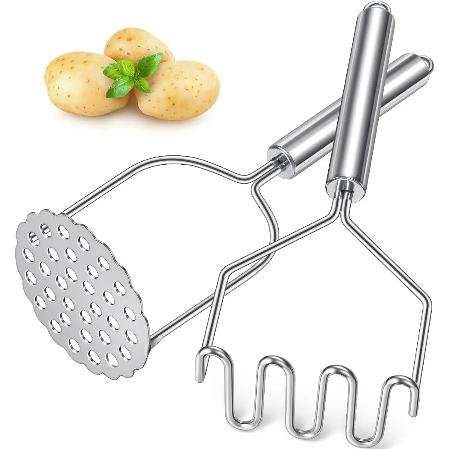 Masher, Stainless Steel Masher for Potatoes, Beans, Berries, Fruits | Crush Potatoes in Second, Mash Potatoes Smoothly, Easy to Clean, Sturdy and Durable, 2 Pack Set with A Brush
