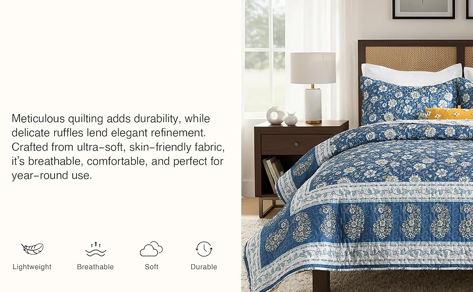 Floral Set Queen Size, Farmhouse Cottage Bedding Set, Blue Vintage Paisley Coverlets, Soft Microfiber Lightweight Reversible Bedspreads for All Season, 3 Pieces