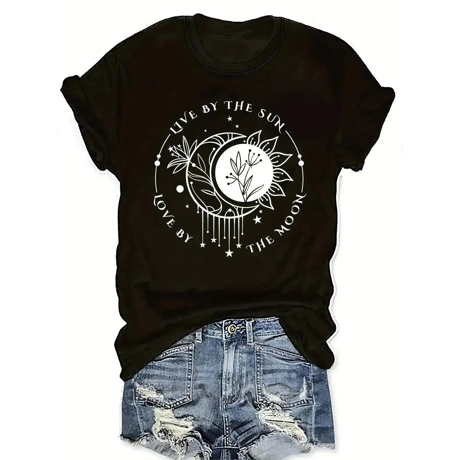 Love By The Sun & Moon - Pure cotton regular short sleeve T-shirt, sun and moon elements, suitable for all seasons, romantic and stylish