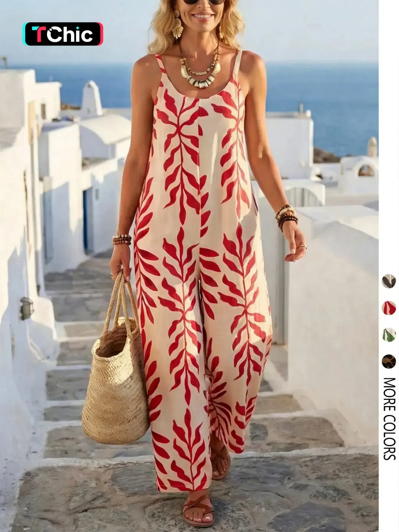 Women's Casual Chic Bohemian Printed Loose One-Piece Jumpsuit, Summer Fashion Sleeveless Jumpsuit, Comfortable and Stylish Boho Overall, Casual Sleeveless Overalls, Casual Jumpsuits, Loose Fit Overall, Casual Style Jumpsuit