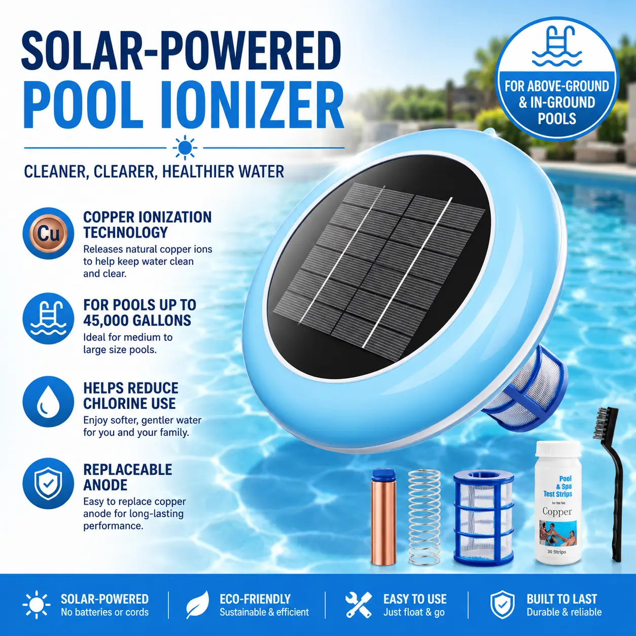 Solar-Powered Pool Ionizer with Copper Ionization Technology, Floating Automatic Water Care System for Pools Up to 45,000 Gallons, Helps Reduce Chlorine Use by Up to 85%, Smart Replaceable Anode for Above-Ground and In-Ground Swimming Pools