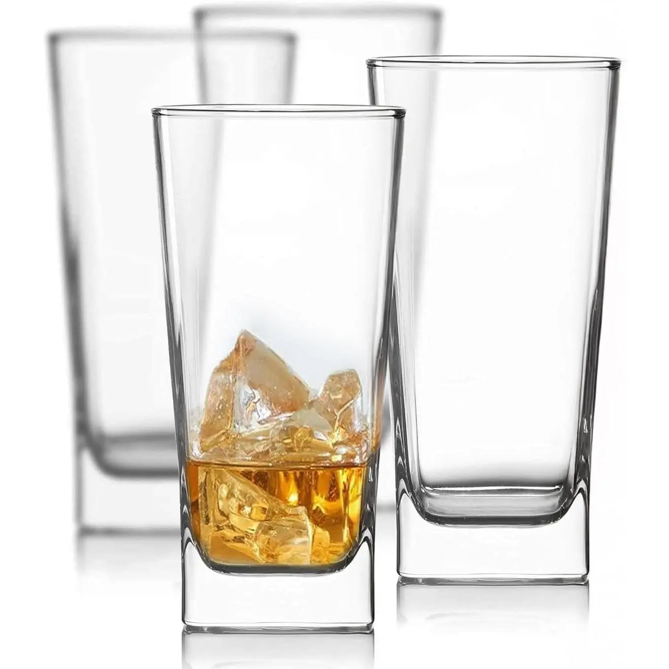 Le'raze Set of 4 Everyday Drinking Glasses - Square Tall Glass Cups Drinkware Kitchen Collins Glasses for Cocktail, Iced Coffee, Beer, Ice Tea, Wine, Whiskey, Water Glassware Sets