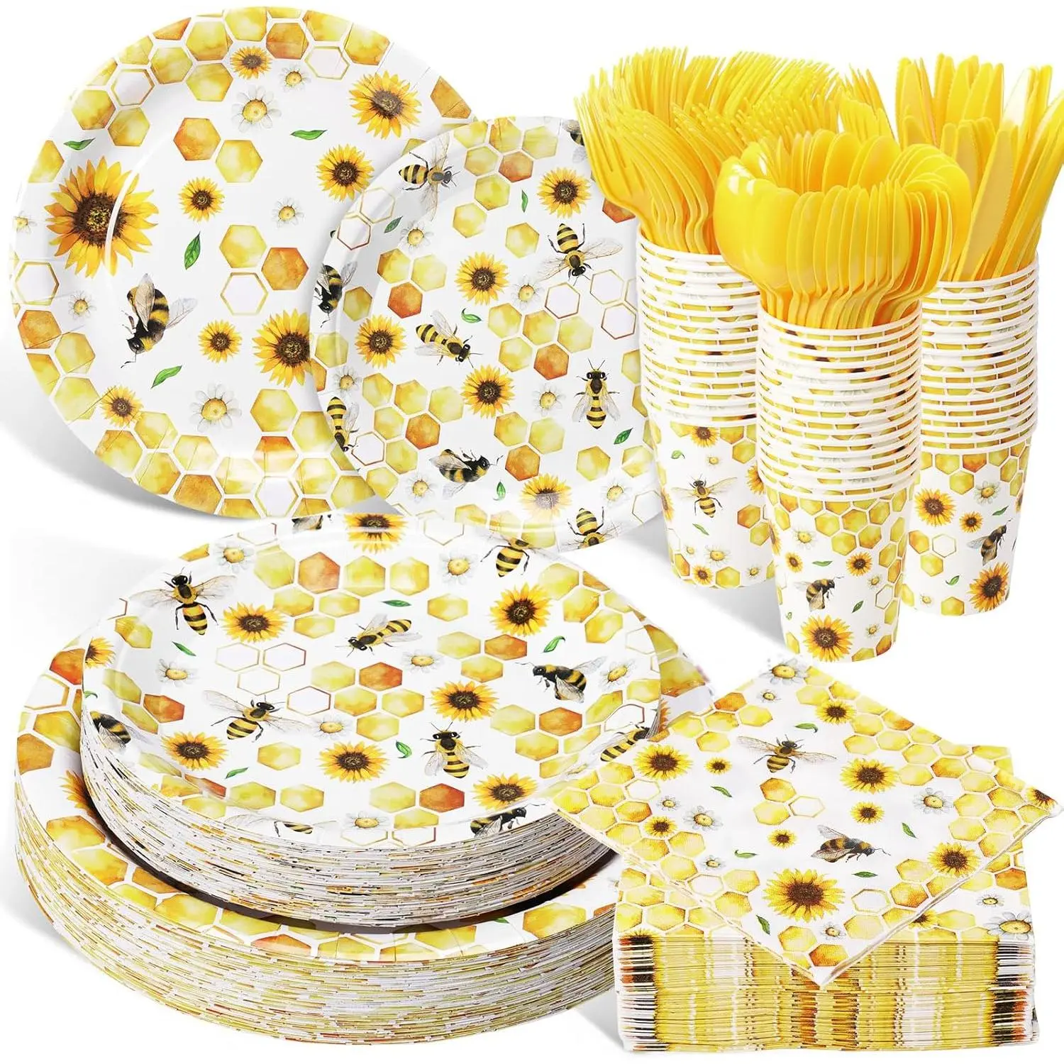 400 Pcs Bee Sunflower Birthday Party Supplies Include Spring Summer Bee Disposable Paper Plates Napkins Cups Cutlery Serve 50 for Honey Bumble Birthday Baby Shower