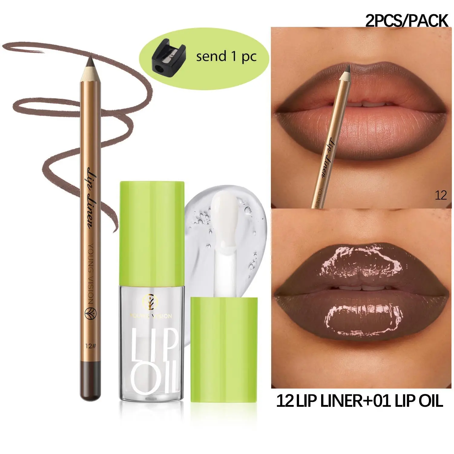 2 PCS of Lipliner+lip Oil Gift Pencil Sharpener Lip Makeup Combination Set Lip Gloss Matte Lipstick Lip Color Lipstick