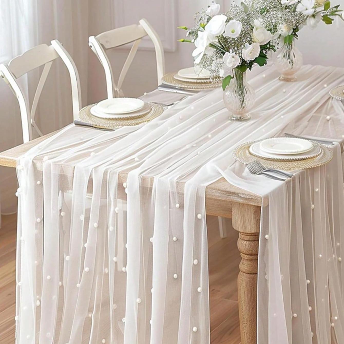 1pcs Pearl Decor Tablecloth, Wedding Pearl Sheer Tablecloth, Party Decoration, Chair Streamers, Event Backdrop, Bridal Shower Decor, Wedding Table Runner