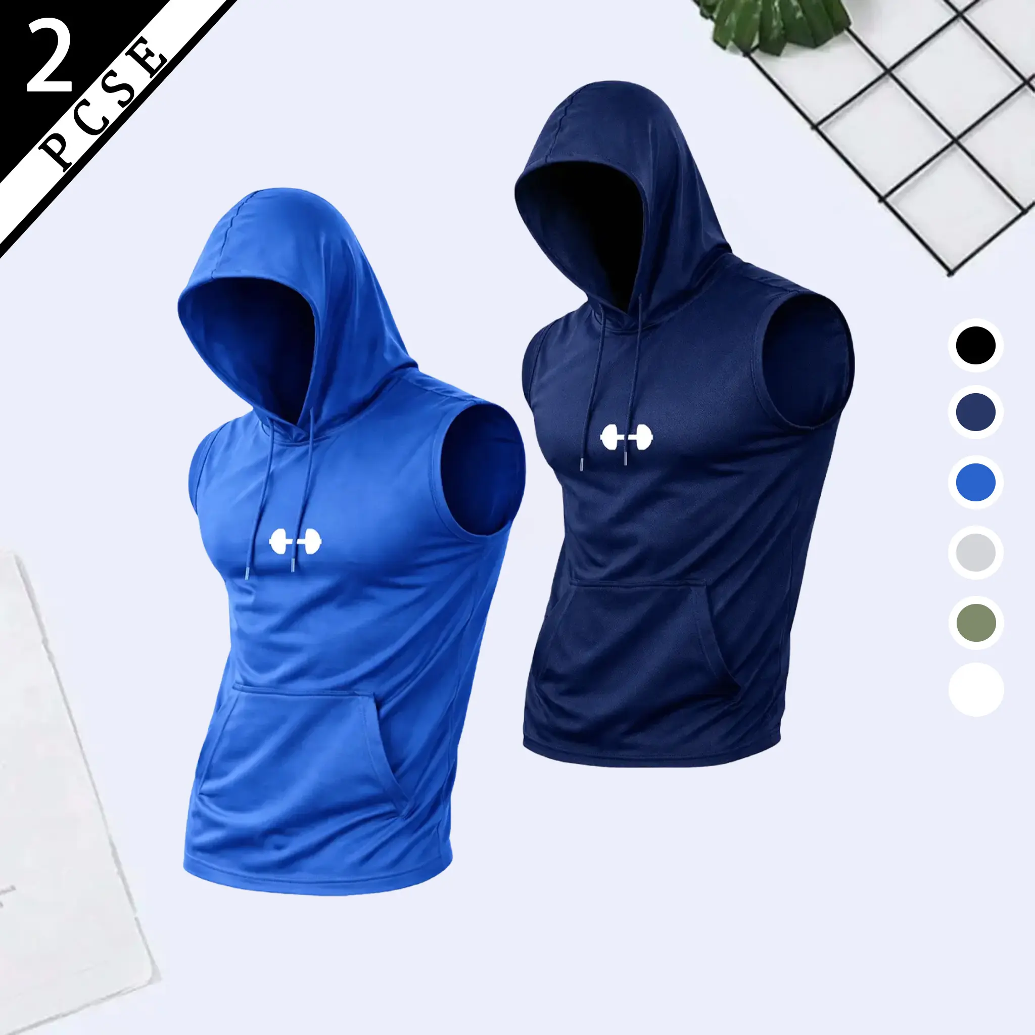 2PCS men’s quick dry, breathable sleeveless hoodies ideal for running, fitness training, outdoor activities, and camping.Breathable, skin friendly fabric with a large capacity pocket.