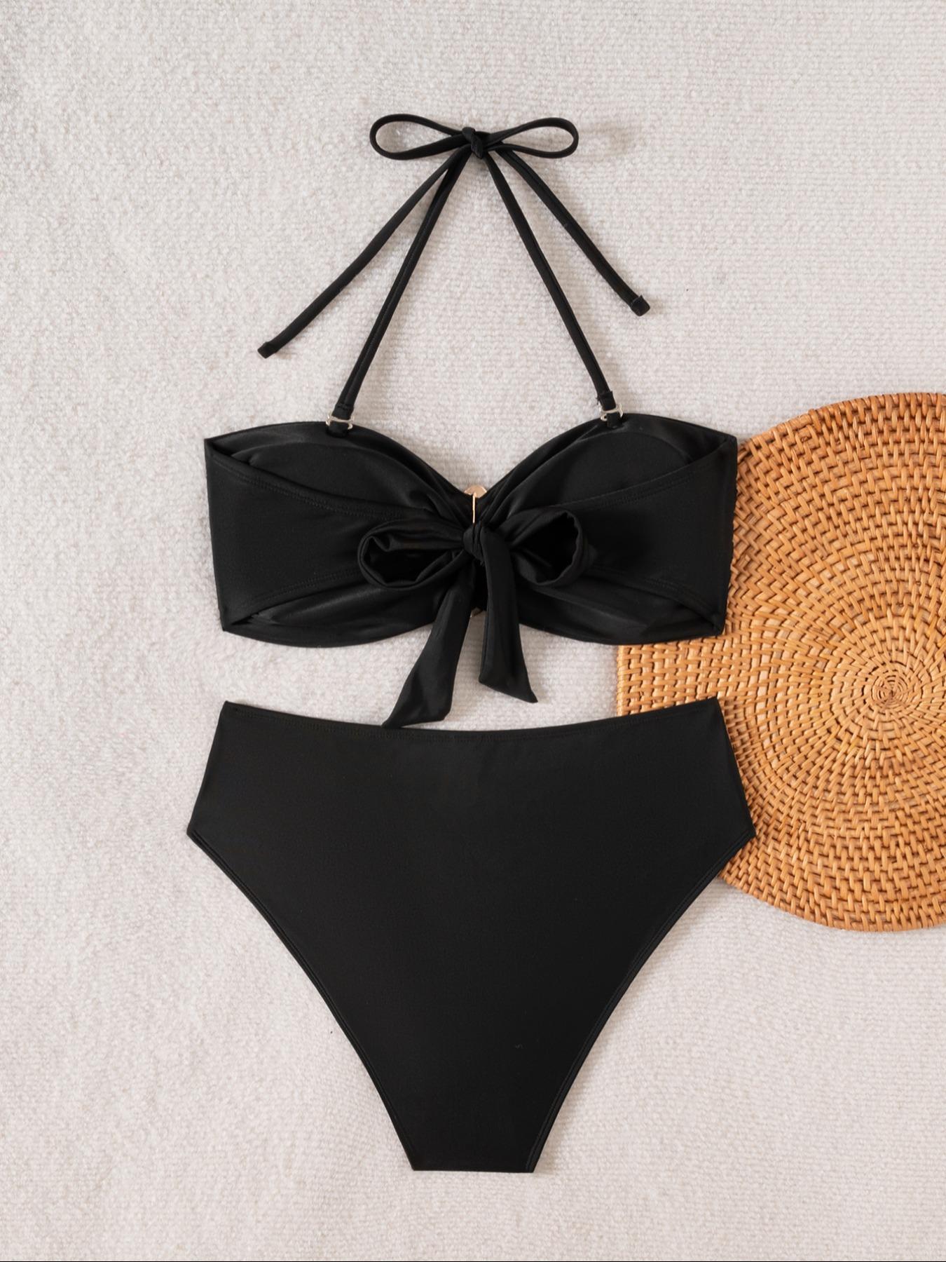 Two-Piece Set Women's Solid Metal Decor Bikini Set, Swimsuit Style Bikini, Sexy Fashion Chic Swimsuit for Beach Holiday Vacation, Ladies Summer Clothes