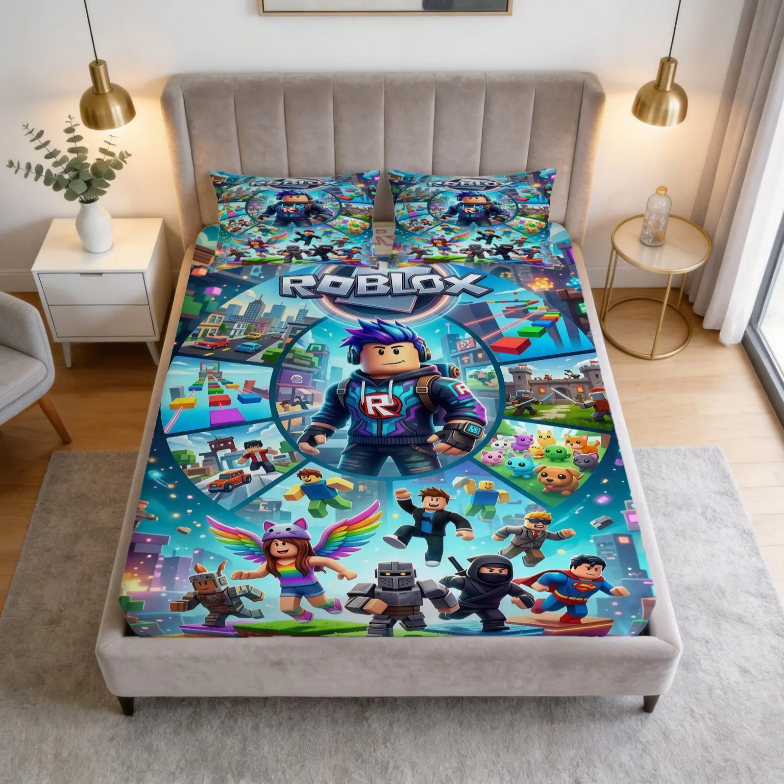 Block Man Printed Pattern Bed Sheet Set, Roblox， 1 Bedsheet Paired With 2 Pillowcases (Excluding Pillow Core), Suitable For Bedrooms, Dormitories, And Guest Rooms, Suitable As Gifts And Decorations