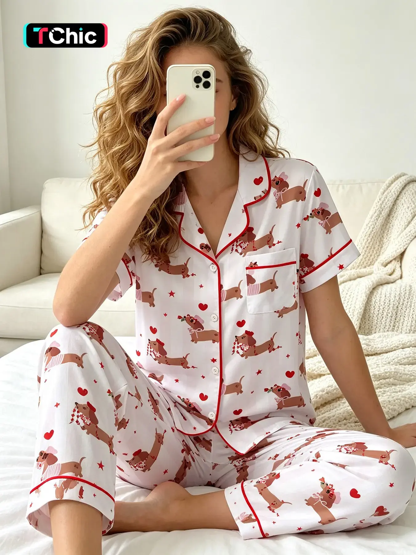 Women’s Short Sleeve Button Front Top & Long Pants Pajama Set, All Season Wear, Girly Dachshund Star Heart Loungewear For Remote Work, Home OOTD, Indoor Relax And Quick Outdoor Trips, Print