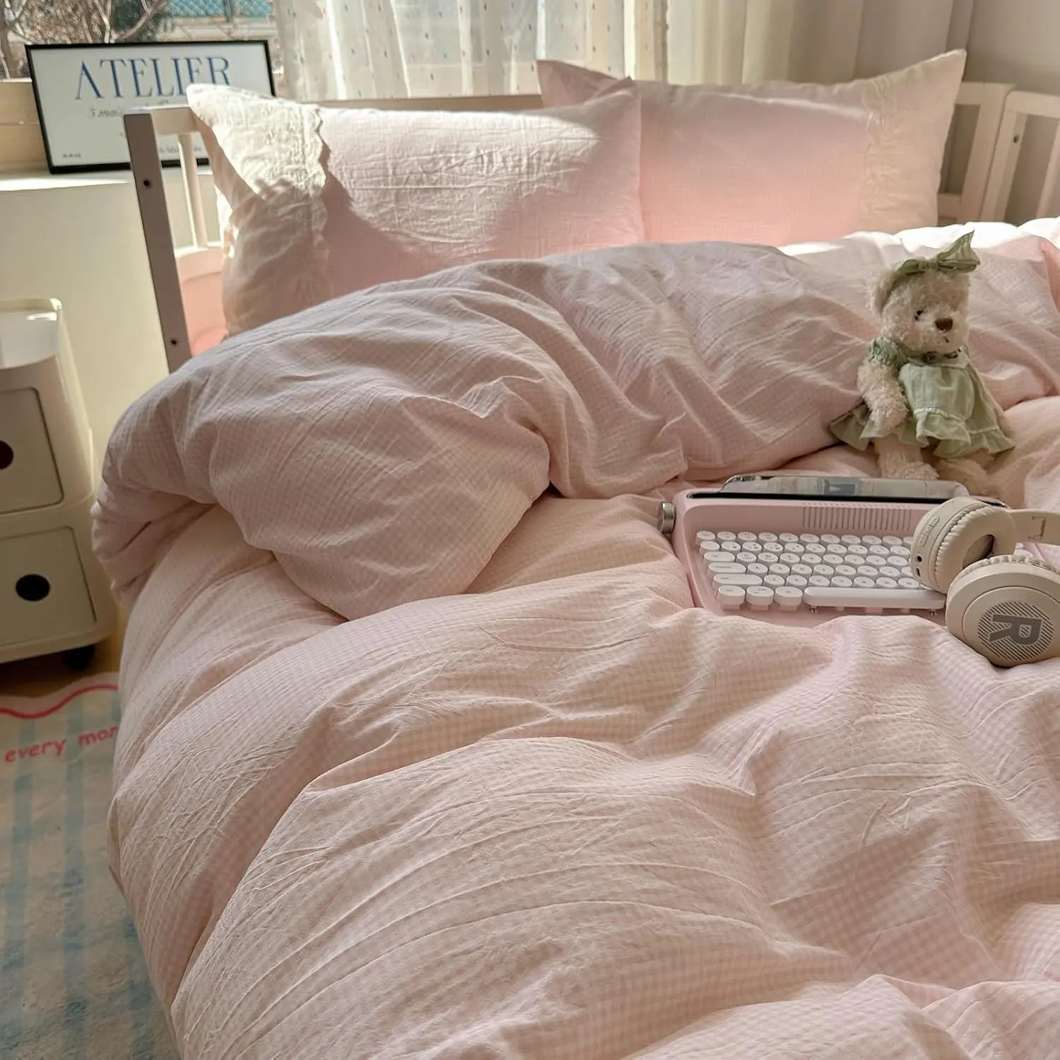 Pink Gingham Duvet Cover Queen Size Off White Lace-Trimmed Queen Comforter Cover Boho Textured Soft Chic Duvet Cover Set with Pillowcases Washed Microfiber Bedding Set Coquette Duvet Protector