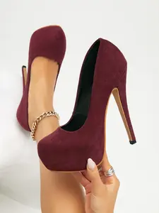 Pure Color Faux Fur Round Toe Waterproof Platform High Heel Single Shoe, Mature Women, Office Commute, Evening Party, Wedding Bridesmaid, Dating Event