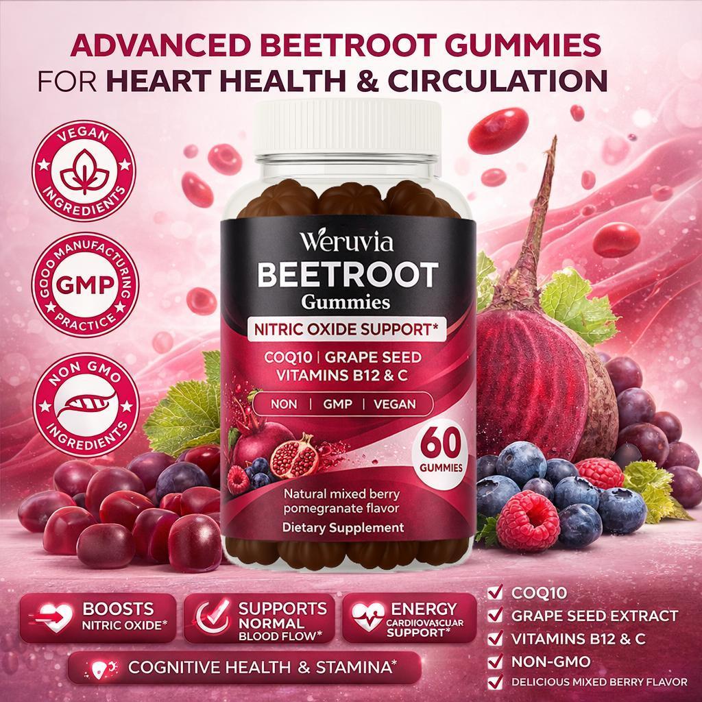 Beetroot Gummies — A Beetroot Supplement Enriched with CoQ10, Grape Seed Extract, Vitamin C, B12, and B3 — Nitric Oxide Gummies to Promote Blood Circulation — A Beetroot Product for Energy Support and Immune Boosting