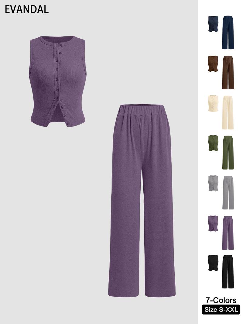 Women's Solid Ribbed Button Tank Top & Straight Leg Pants Two-piece Set, Casual Sleeveless Top & Trousers for Daily Wear, Ladies Two-piece Outfits for All Seasons, Clothes,Airport Outfit