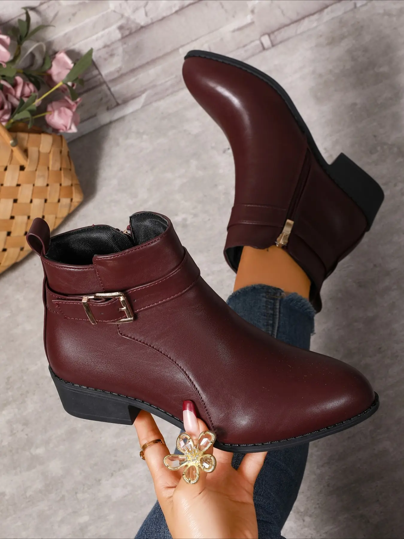 Double buckle round toe ankle boots side zipper low block heel two colors vintage british daily women boots