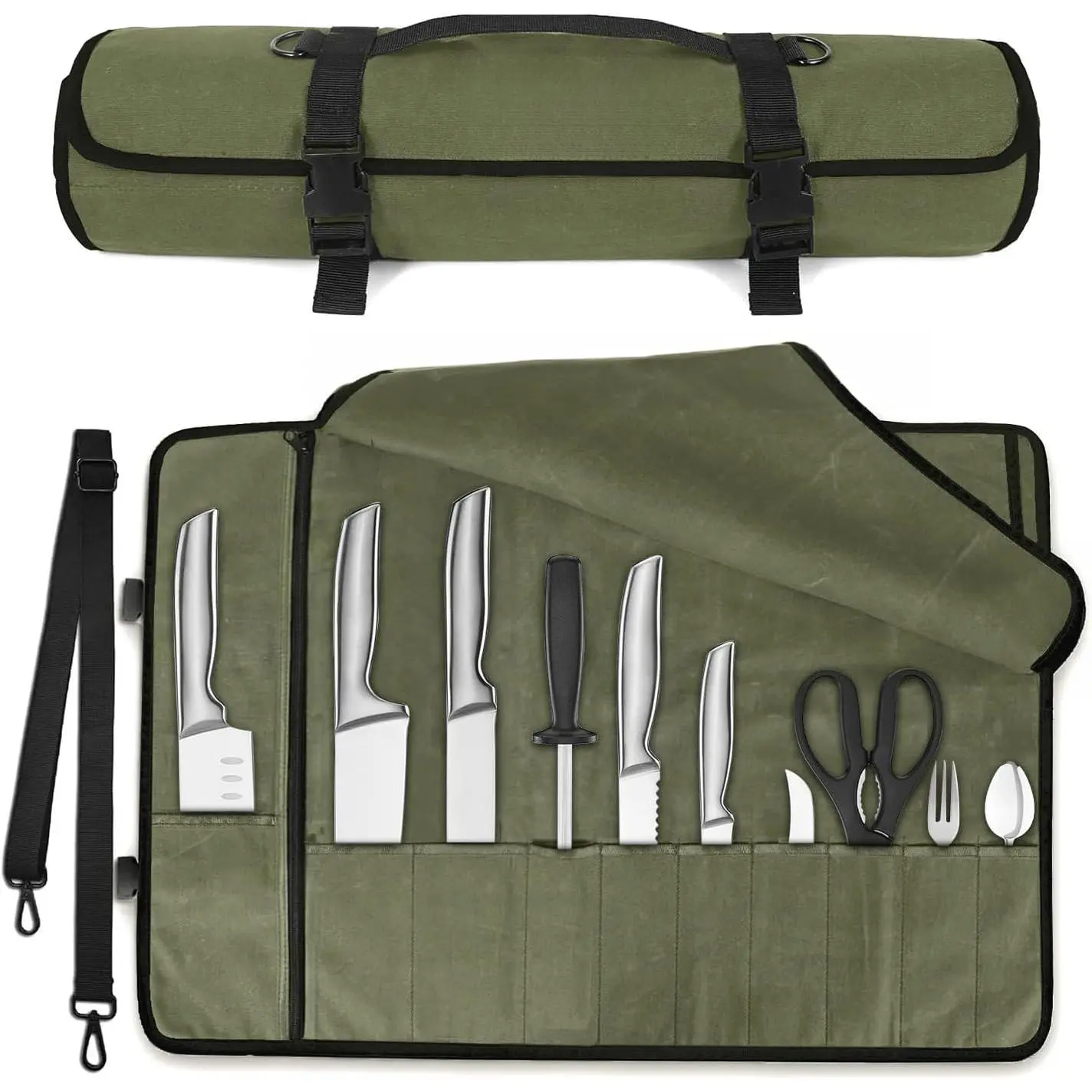Chef Knife Roll Bag,Waterproof Waxed Canvas Knife Case Holds,Knives Roll Bags for Chefs Professional with Adjustable Strap,Chef Backpack with 10 Knife Slots and a Large Zippered Pocket