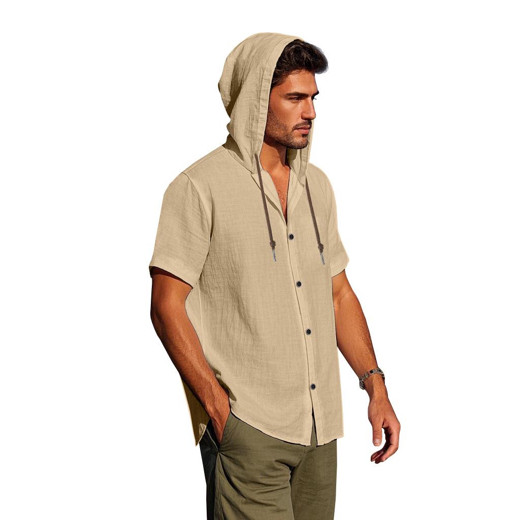 American-style Summer Lightweight Breathable Linen Amekaji Loose-fitting Hooded Men's Short-sleeve Shirt 95% Linen 5% Polyester Casual Menswear