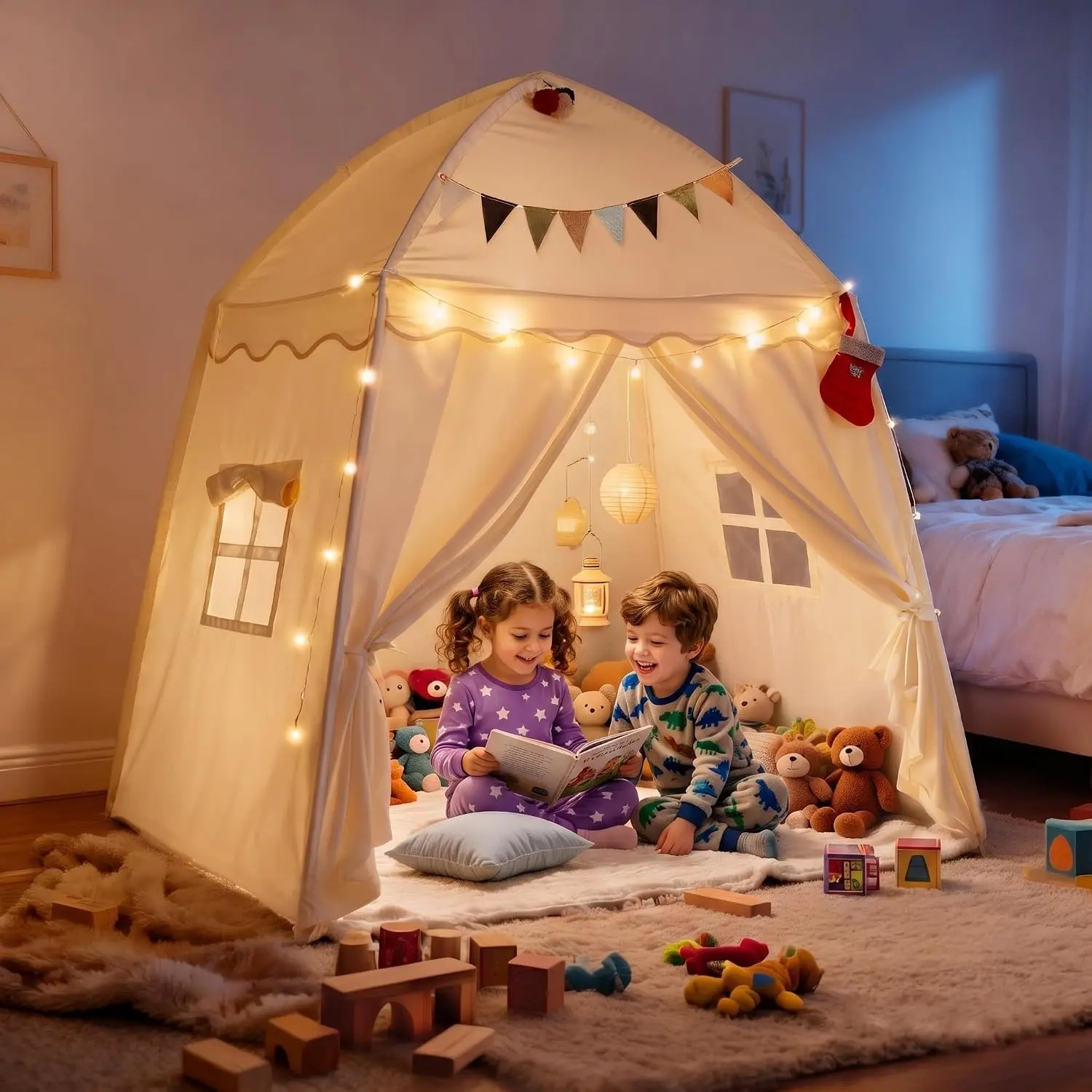 Large Kids Lighted Teepee Play Tent with Padded Mat, Flags Decor, 59x39x59in Size, Easy Setup, Storage Bag - Indoor Cozy Reading Nook for Multiple Kids - Toddler Birthday Gift