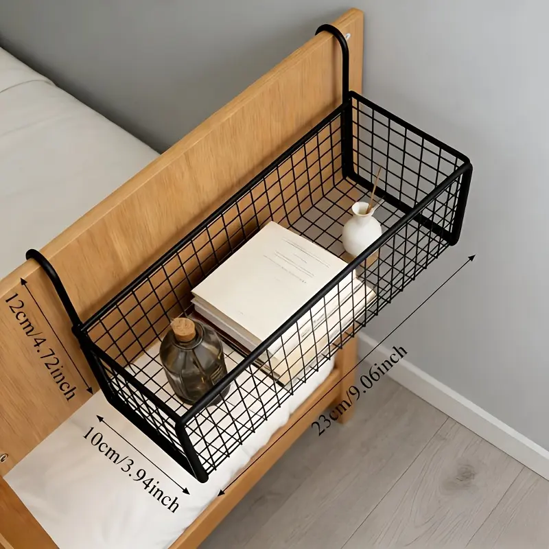 Metal Hanging Bedside Storage Basket No Drill Wall Mount Organizer Caddy for Headboard Dorm Bed Side Book Phone Water Bottle Holder