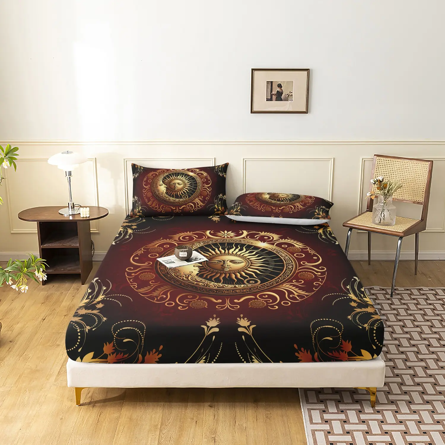  Luxury Mandala Sun Moon Print Fitted Sheet Set, 3 Pieces Black Gradient Golden Sun Moon Face Floral Celestial Pattern Bedding, Machine Washable Soft Breathable Bedding Linen (1 Fitted Sheet + 2 Pillowcases, No Pillow)