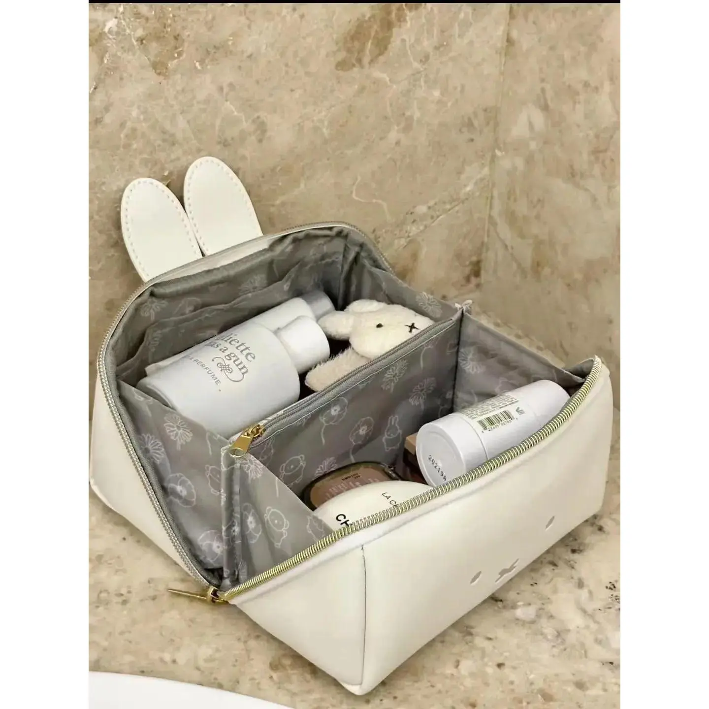 Kawaii Miffy Rabbit Shape Fabric Toiletry Bag, 17x9x9cm Multi-Use Travel Beauty Bag & Makeup Holder, Portable Hand Accessory for Girls Christmas Gift