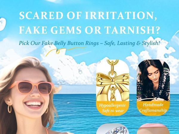 FringeFlutter Non-Piercing Belly Button Ring Clip-On | Sparkling Crystal Butterfly & Heart Navel Ring for Party & Gift