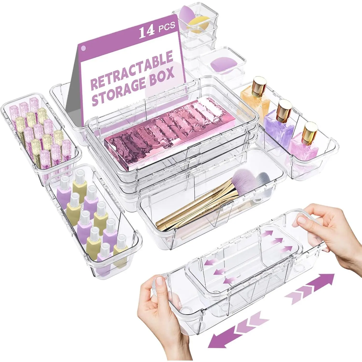 14 count Adjustable Drawer Organizer, Clear Drawer Organizer Expendable | 3-Size Desk Drawer Organizer,  Storage Bins for Makeup, , Kitchen Utensils, Bedroom Dressers, Tool Organizer