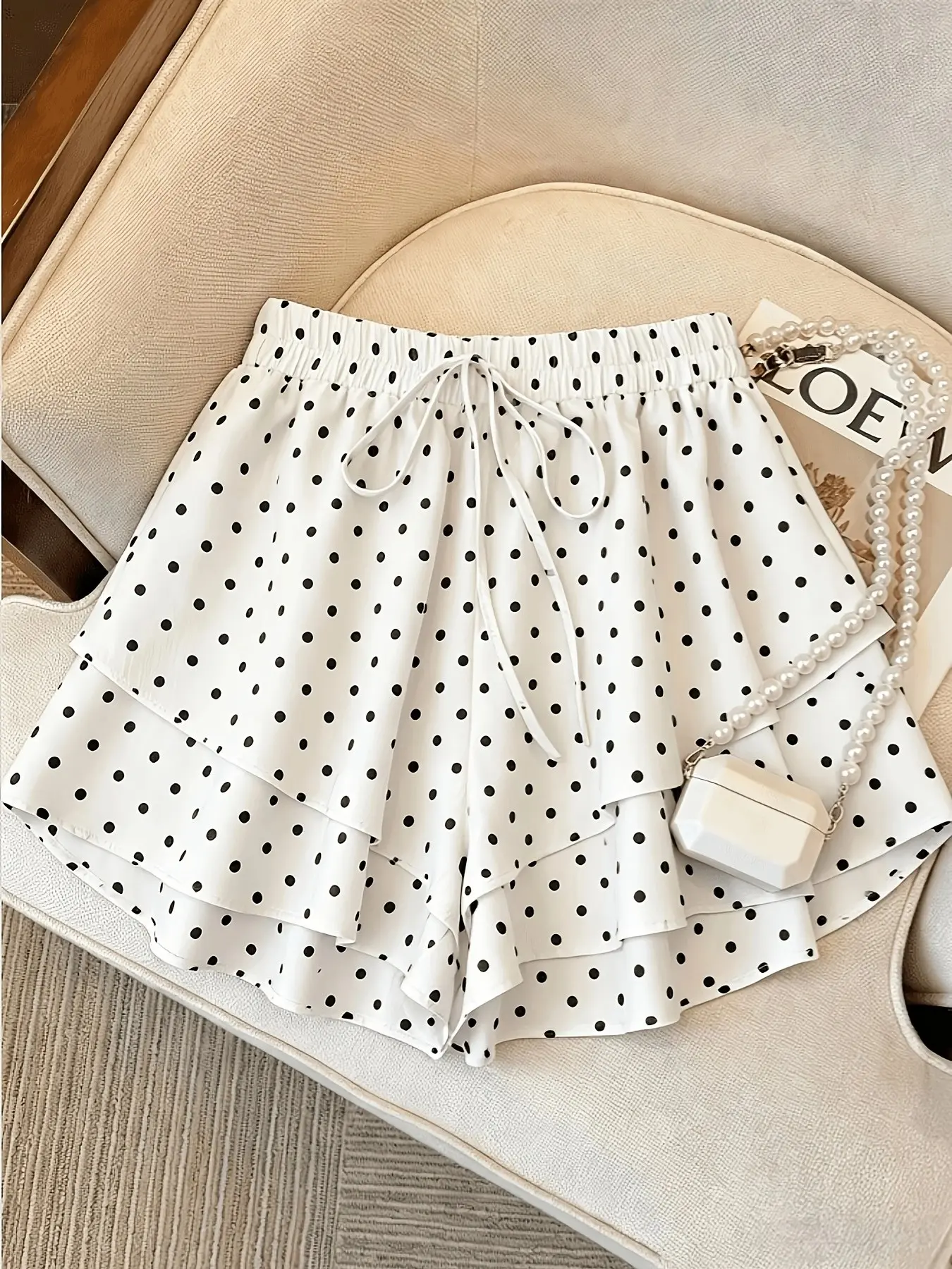 Women Polka Dot Ruffled Skort High Waisted Drawstring Wide Layered Hem Casual Summer Shorts for Vacation Daily Wear