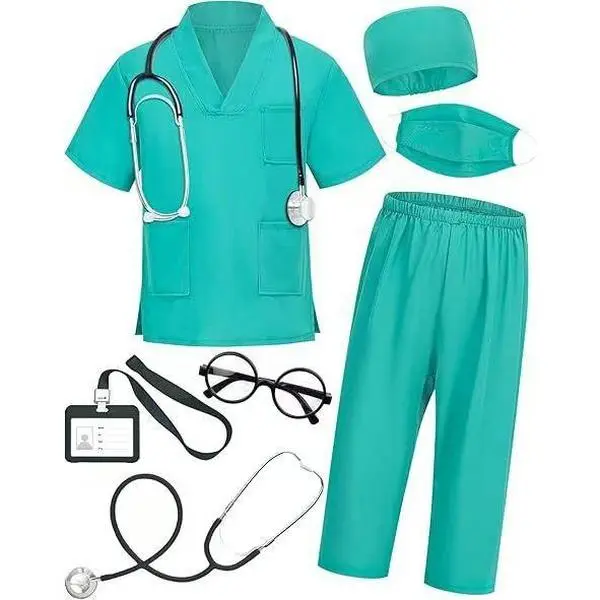 Kids' Halloween Doctor Uniform Set - 7Pcs Scrubs Costume with Accessories, Short Sleeve Tops, Cotton Blend, for 3-11 Years Boys & Girls (Toddler Sizes Included), Scrubs Look