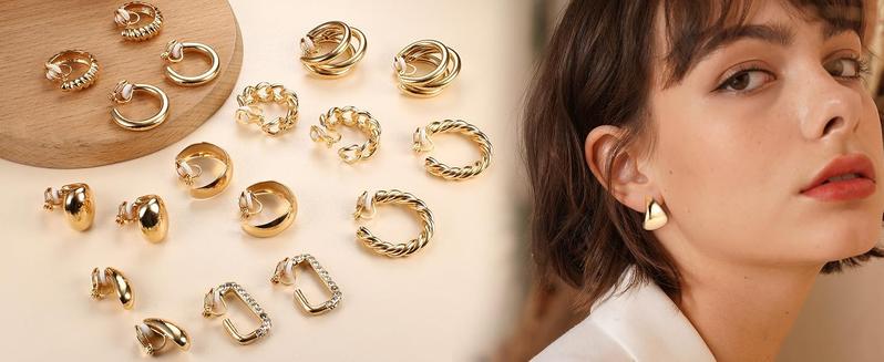 YADOCA 9 Pairs Gold Clip on Earrings for Women Gold Plated Waterdrop Chunky Clip on Hoop Earrings No Piercing Fake Earrings Set