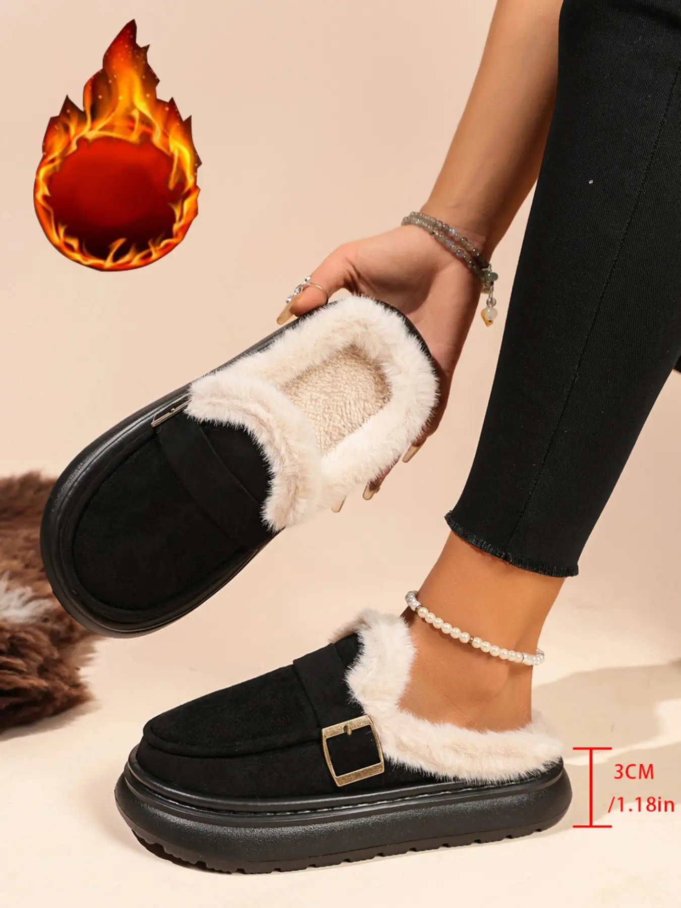 Women's New Thick Sole Fuzzy Mule Slippers, Metal Buckle Warm Mules, Thick Soled Mules, Frayed Edge Lazy Mules, Retro Casual Style, Daily Outing, Home Relaxation