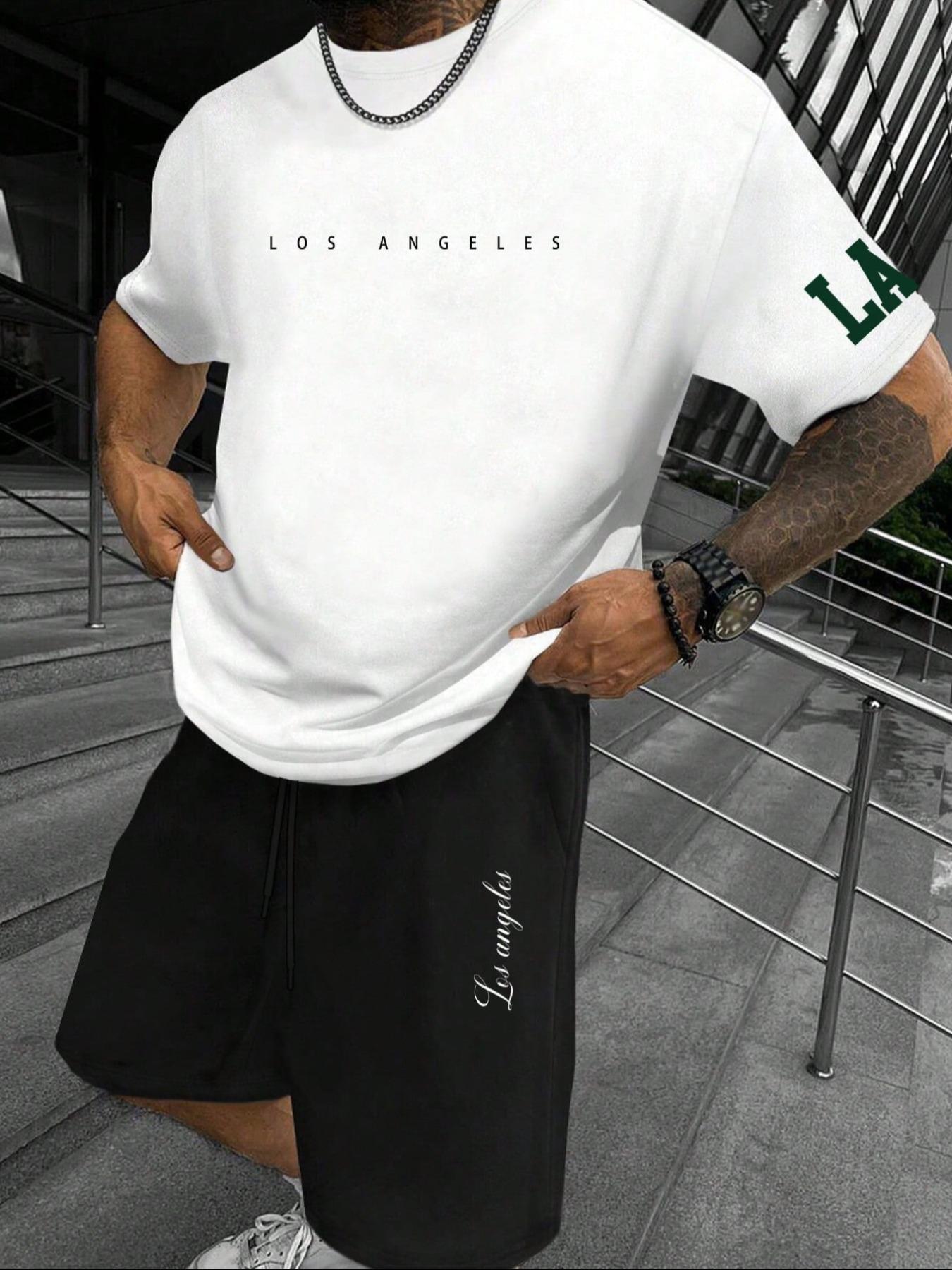 Two-Piece Set Men's Letter Print Short Sleeve Tee & Shorts Set, Regular Fit Casual Round Neck T-shirt & Track Shorts, Men's Summer Clothes, Menswear