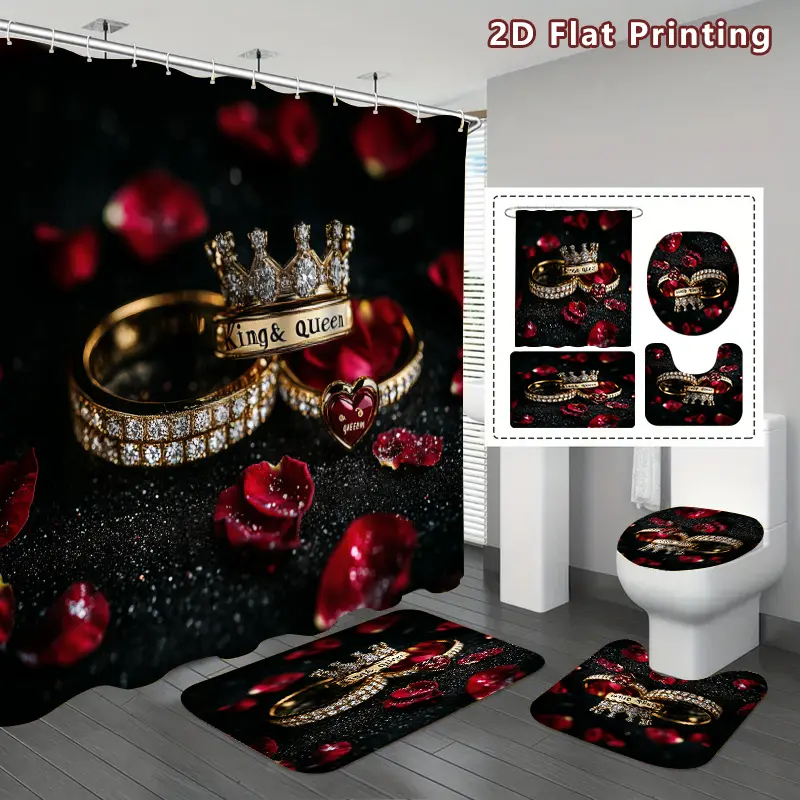4-Piece King and Queen Ring Shower Curtain Set for Bathroom, Gold Diamond Ring Red Rose Petal Bathroom Decor, Addition U-Shape, Toilet Lid Lid, Shower Curtain with Hook, Romantic Couple Gift, Home Decor
