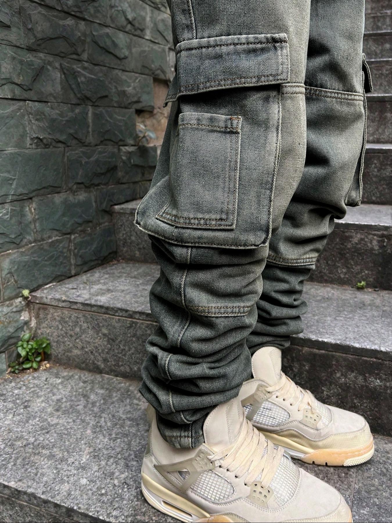 Men's Pioneer Trend Heavyweight Washed Vintage Street Casual Workwear Jeans Extra-Long Straight Loose Fit | Multi-Pocket Design for All Seasons | Button Closure Ideal for Men's Daily Wear