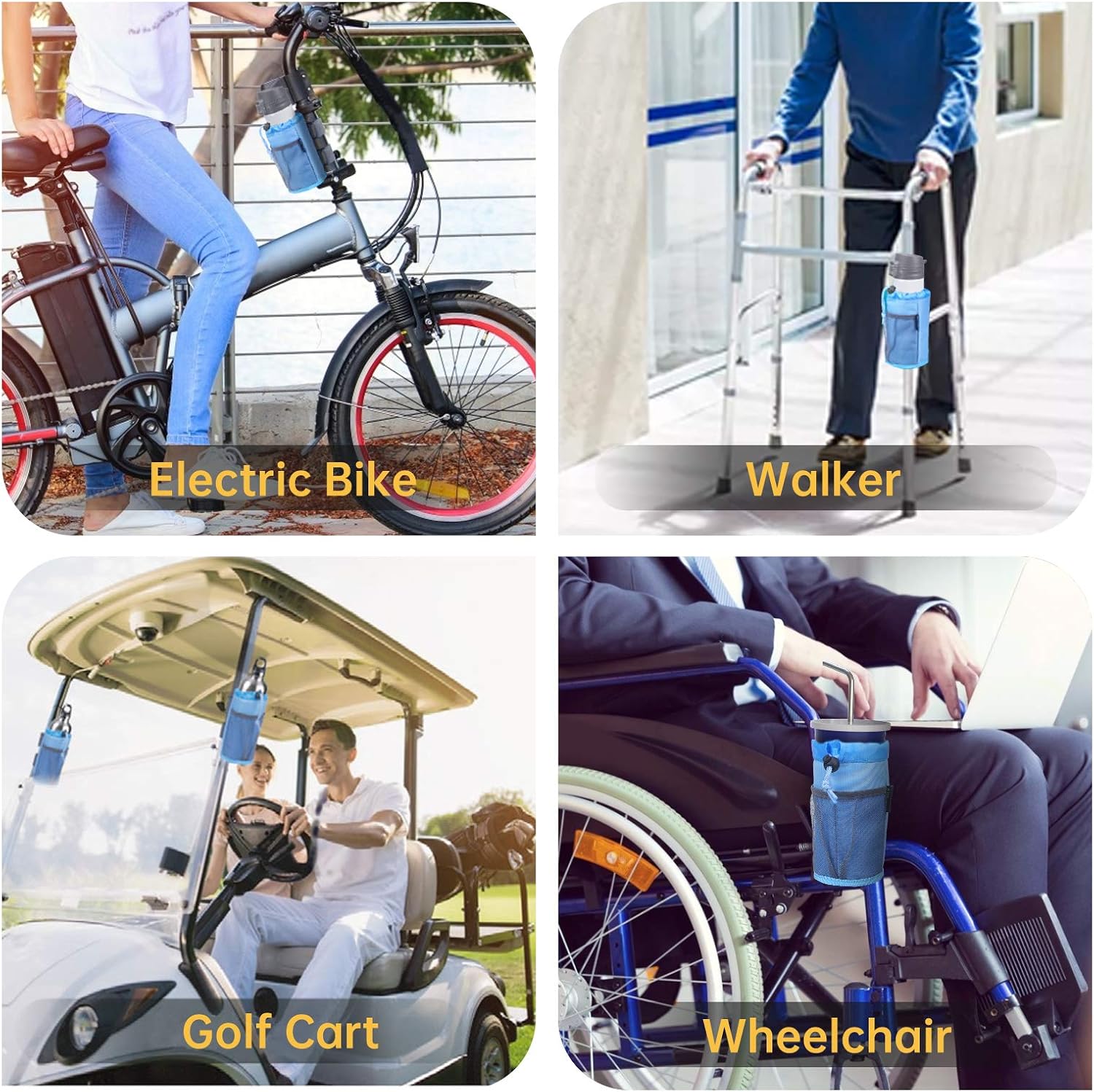 2Pack Cup Holder for , Scooter and , Water Bottle Holder for UTV/ATV, Walker, Golf Cart and Beach, Universal Drink Holder Accessories with Net Pocket and Cord Lock ( Blue)