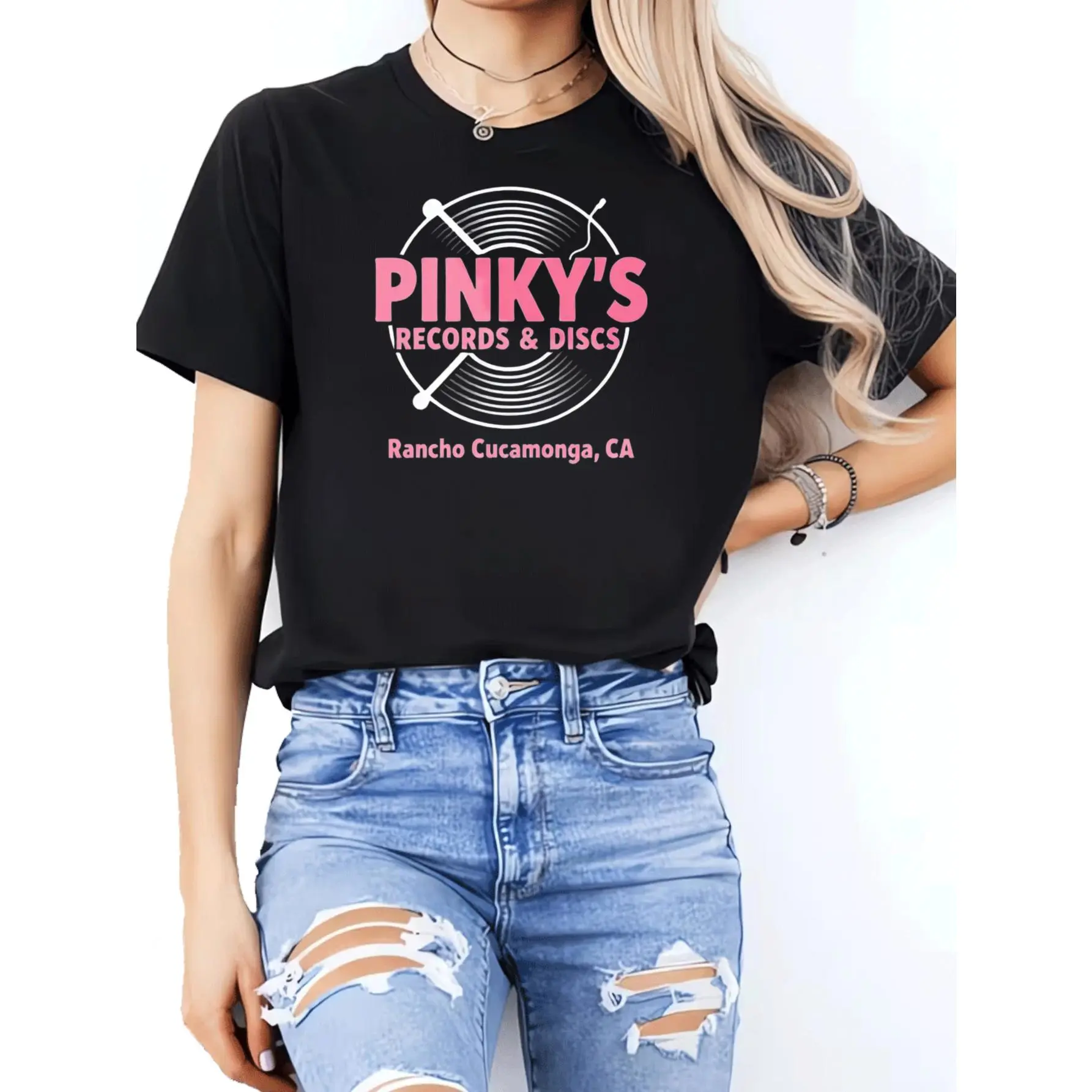 Women's Pinky's Records Casual Fitted Short-Sleeve T-Shirt - Black Vintage Top with Vinyl Record Motif, Suitable for Multiple Seasons