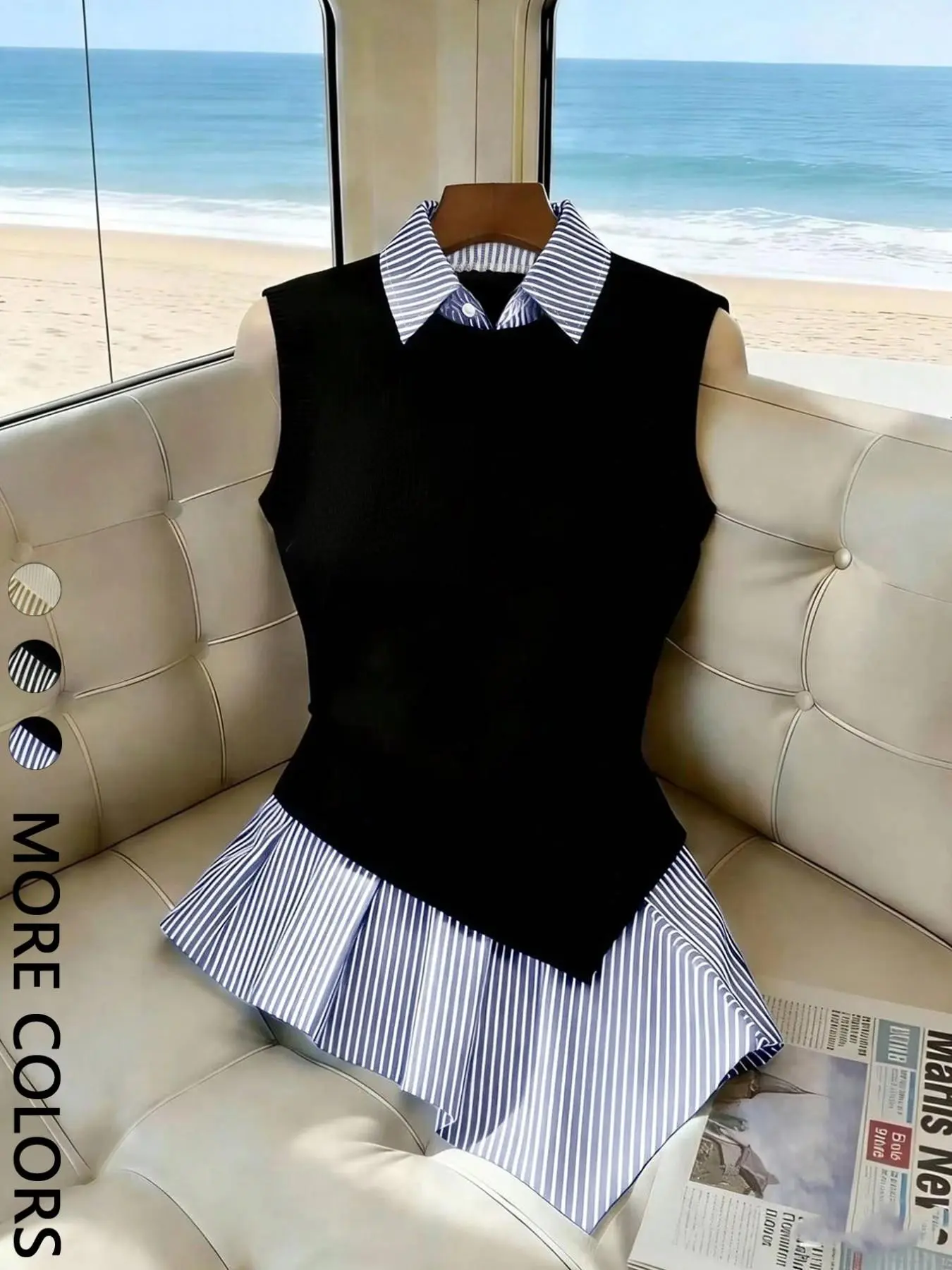 1pc Elegant Casual 2-in-1 Striped Patchwork Collared Knit Top, Slimming Shirt, Layered-Look, Versatile Sleeveless Blouse for Work, Dates & Daily Wear