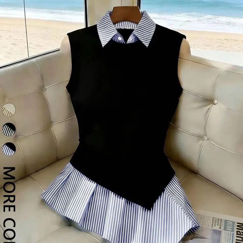 Women's Striped Sleeveless Top, Fitted Collar Shirt, Slimming Design, 2-in-1 Style, Ideal for Office, Dating, Daily Wear, Casual Style Shirt