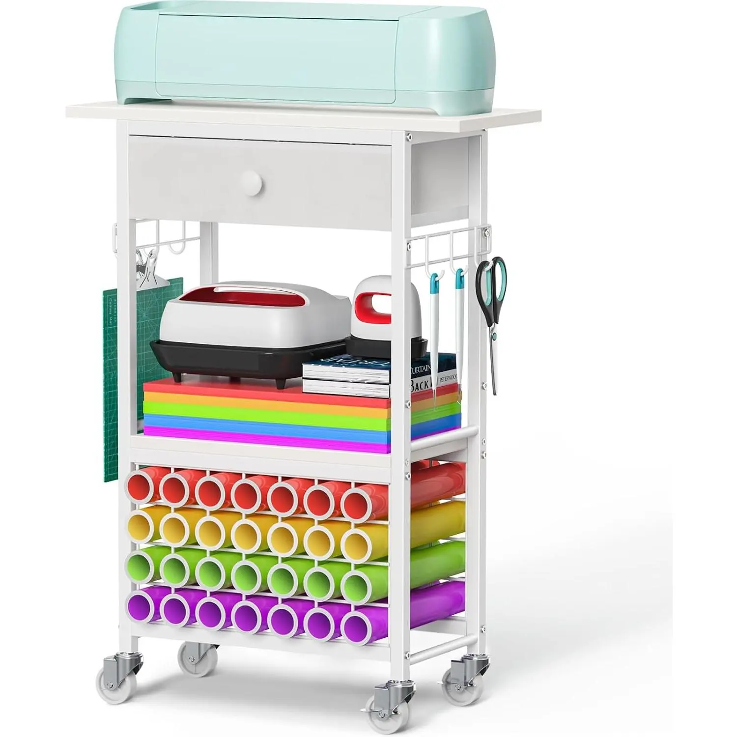 Craft Cart Compatible with Cricut Maker, Craft Organizers and Storage Table for Cricut Cart with Wheels, Drawer and 28 Vinyl Roll Holders, White, 23.6"(L) x 9.5"(D) x 31.7"(H)