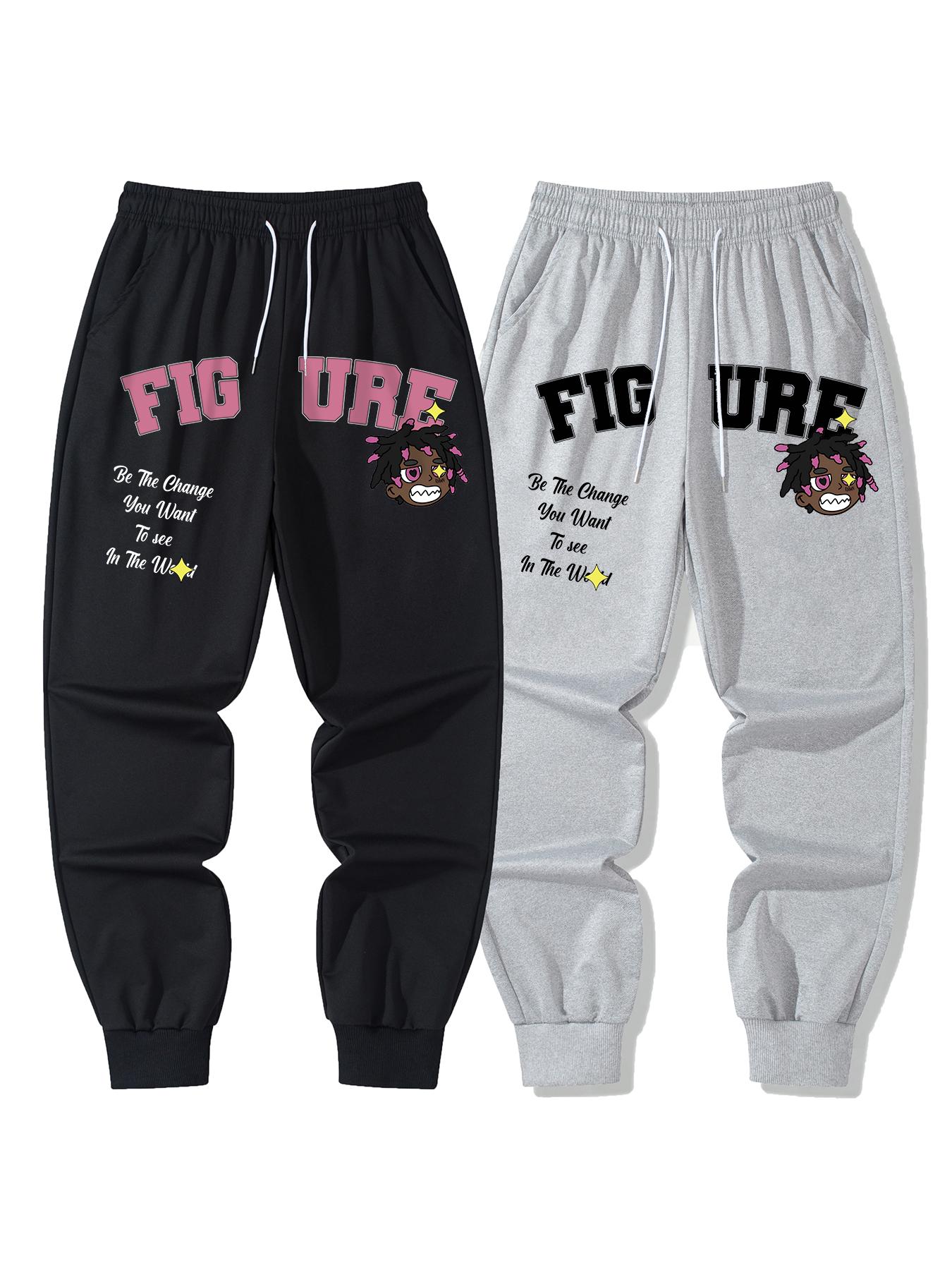 Men's Relaxed Fit Ribbed Hem Joggers - Casual Comfy, Streetwear, Stylish Soft Joggers with Distinctive FIGURE Doodle Print and Inspirational Slogan "Be The Change You Want To See In The World" for Thoughtful Wardrobe Addition, Casual Comfy Joggers