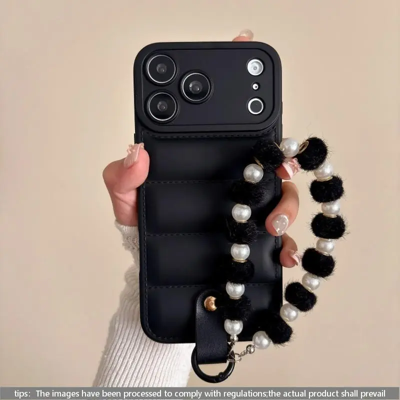 Luxury Down Phone Case with Pearl Pom-Pom Bracelet, Full Coverage Anti-Scratch Shockproof Protection iPhone 17 Pro Max 16 Pro 15 14 13 12 Protector